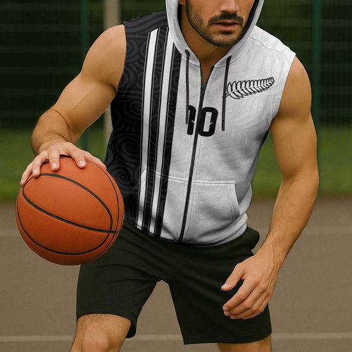 Custom New Zealand Football Sleeveless Zip Hoodie Silver Fern and Maori Tribal Black White Half Sporty Style