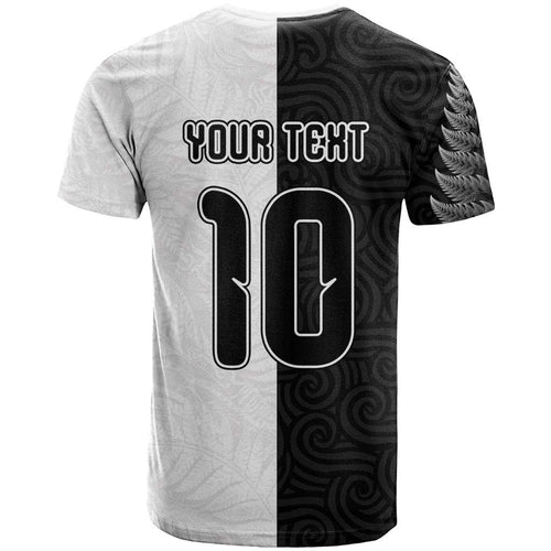 Custom New Zealand Football T Shirt Silver Fern and Maori Tribal Black White Half Sporty Style