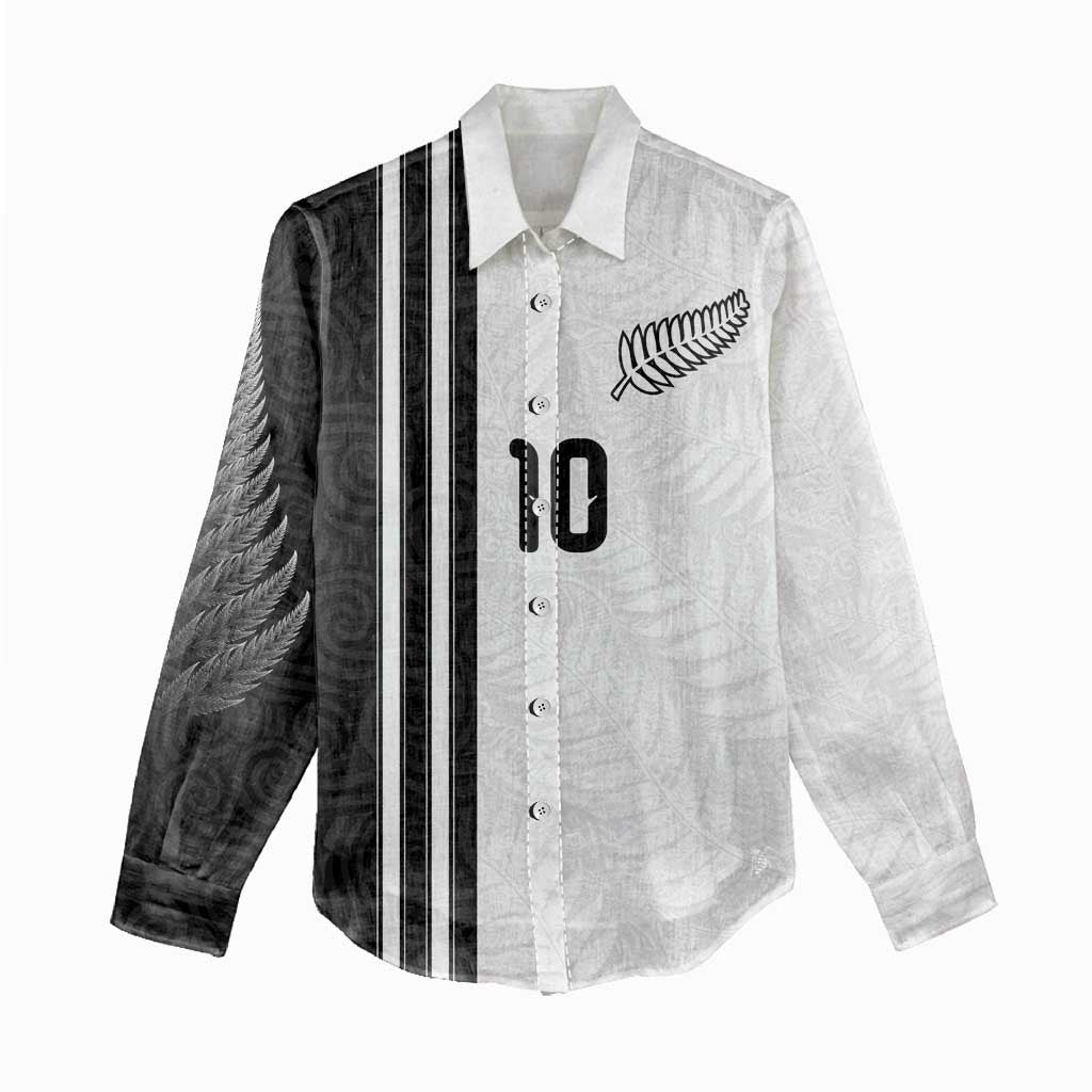 Custom New Zealand Football Women Casual Shirt Silver Fern and Maori Tribal Black White Half Sporty Style