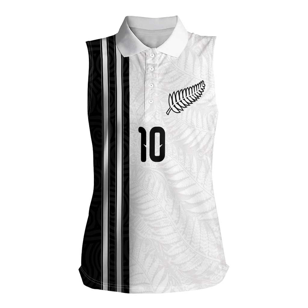 Custom New Zealand Football Women Sleeveless Polo Shirt Silver Fern and Maori Tribal Black White Half Sporty Style