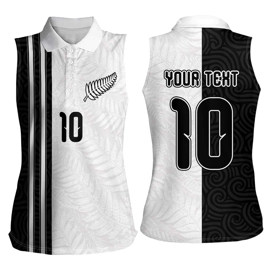 Custom New Zealand Football Women Sleeveless Polo Shirt Silver Fern and Maori Tribal Black White Half Sporty Style