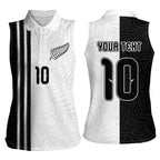 Custom New Zealand Football Women Sleeveless Polo Shirt Silver Fern and Maori Tribal Black White Half Sporty Style
