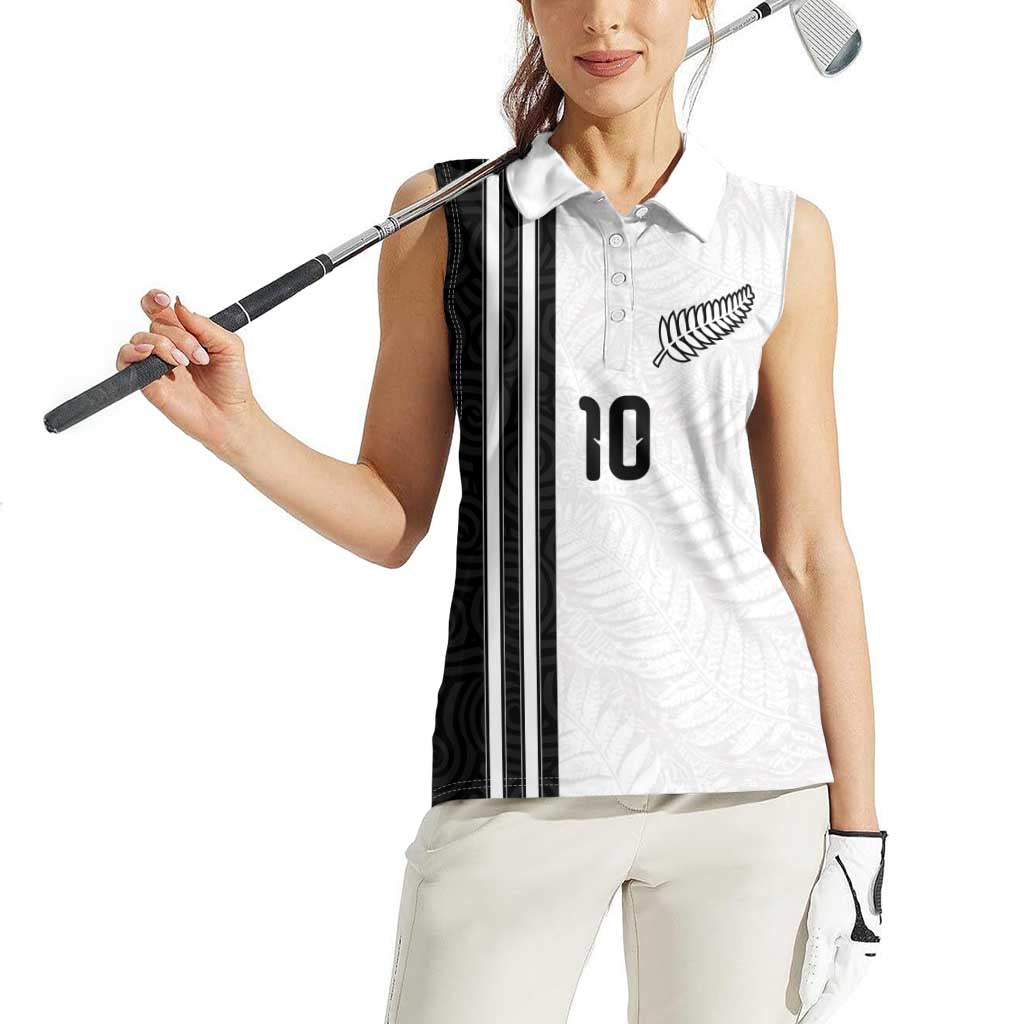 Custom New Zealand Football Women Sleeveless Polo Shirt Silver Fern and Maori Tribal Black White Half Sporty Style