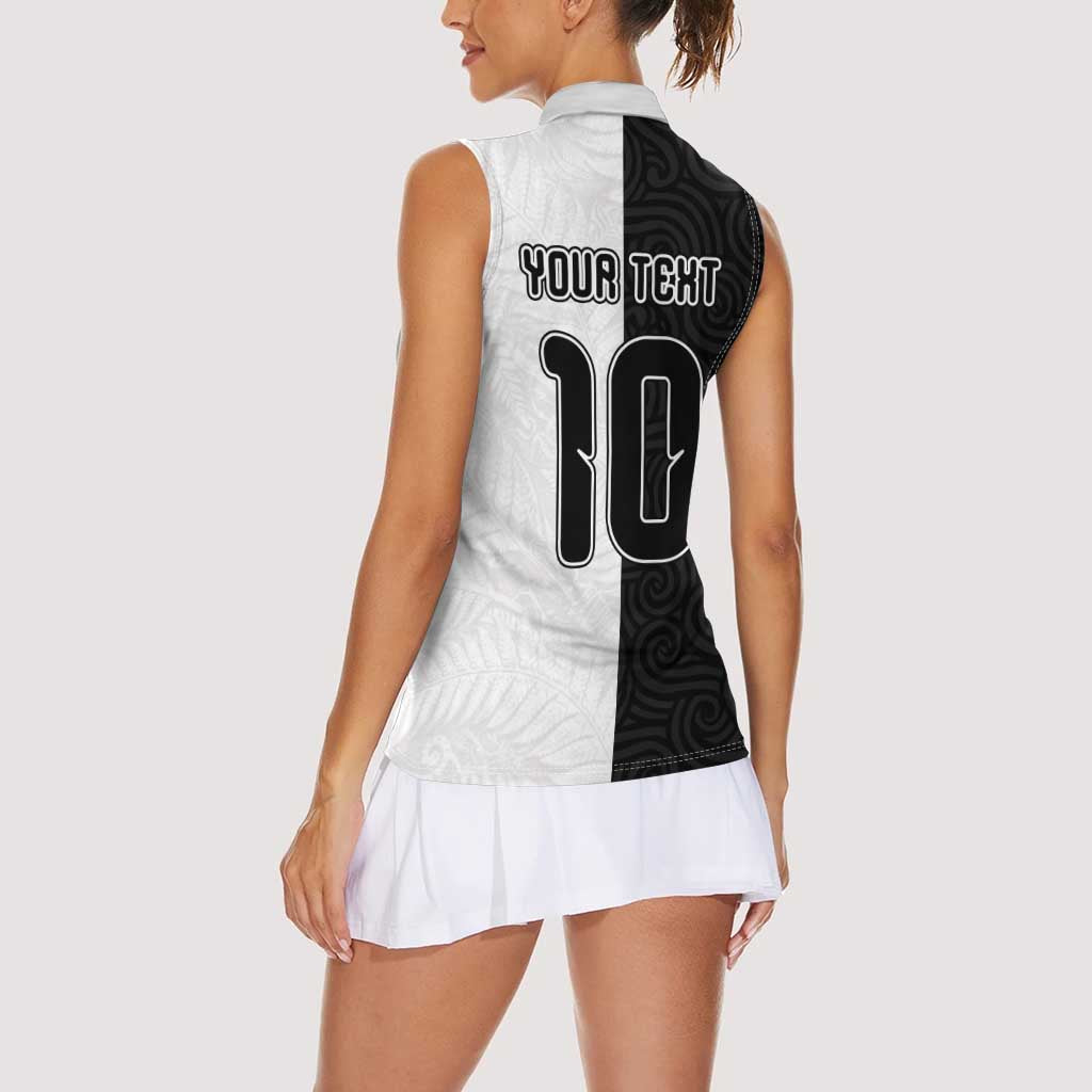 Custom New Zealand Football Women Sleeveless Polo Shirt Silver Fern and Maori Tribal Black White Half Sporty Style