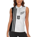 Custom New Zealand Football Women Sleeveless Polo Shirt Silver Fern and Maori Tribal Black White Half Sporty Style