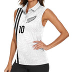 Custom New Zealand Football Women Sleeveless Polo Shirt Silver Fern and Maori Tribal Black White Half Sporty Style