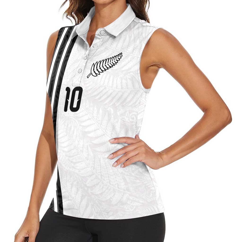 Custom New Zealand Football Women Sleeveless Polo Shirt Silver Fern and Maori Tribal Black White Half Sporty Style