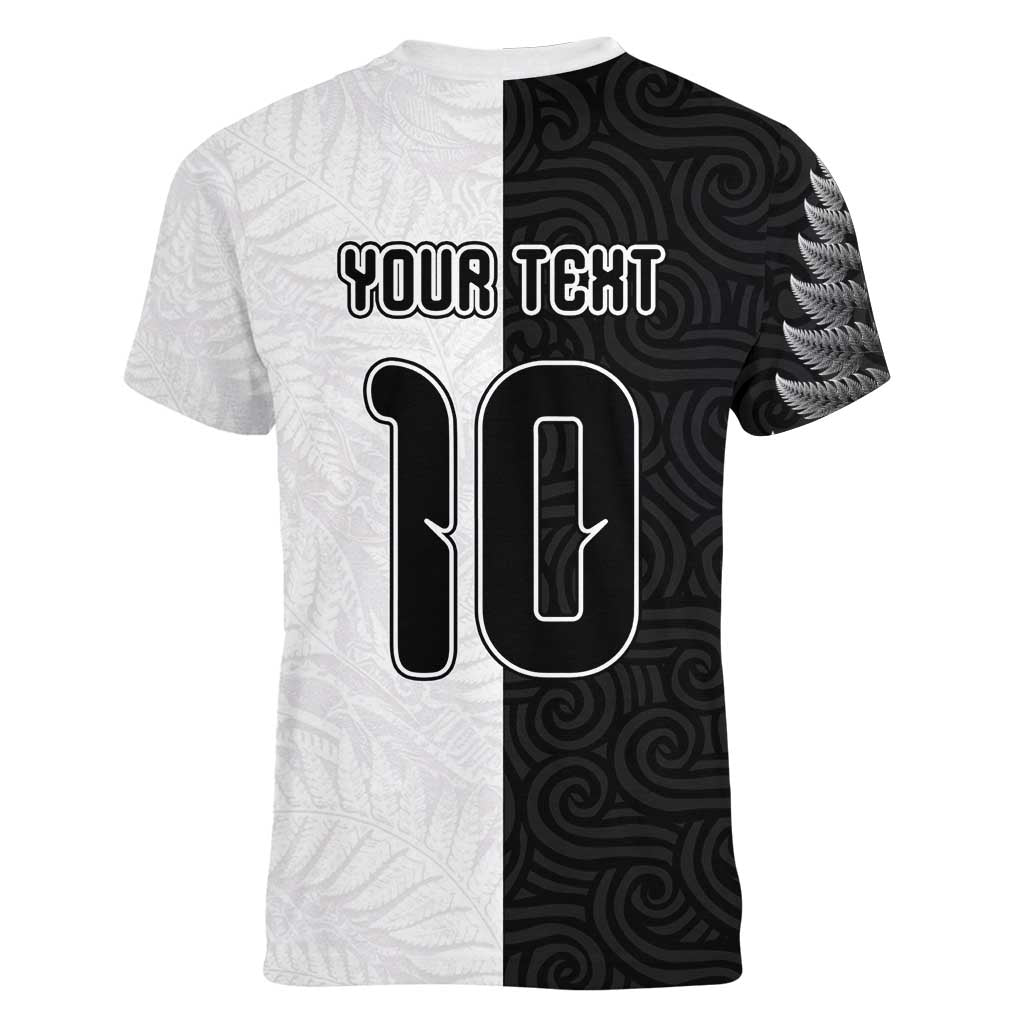 Custom New Zealand Football Women V-Neck T-Shirt Silver Fern and Maori Tribal Black White Half Sporty Style