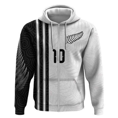 Custom New Zealand Football Zip Hoodie Silver Fern and Maori Tribal Black White Half Sporty Style