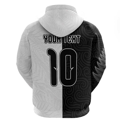 Custom New Zealand Football Zip Hoodie Silver Fern and Maori Tribal Black White Half Sporty Style