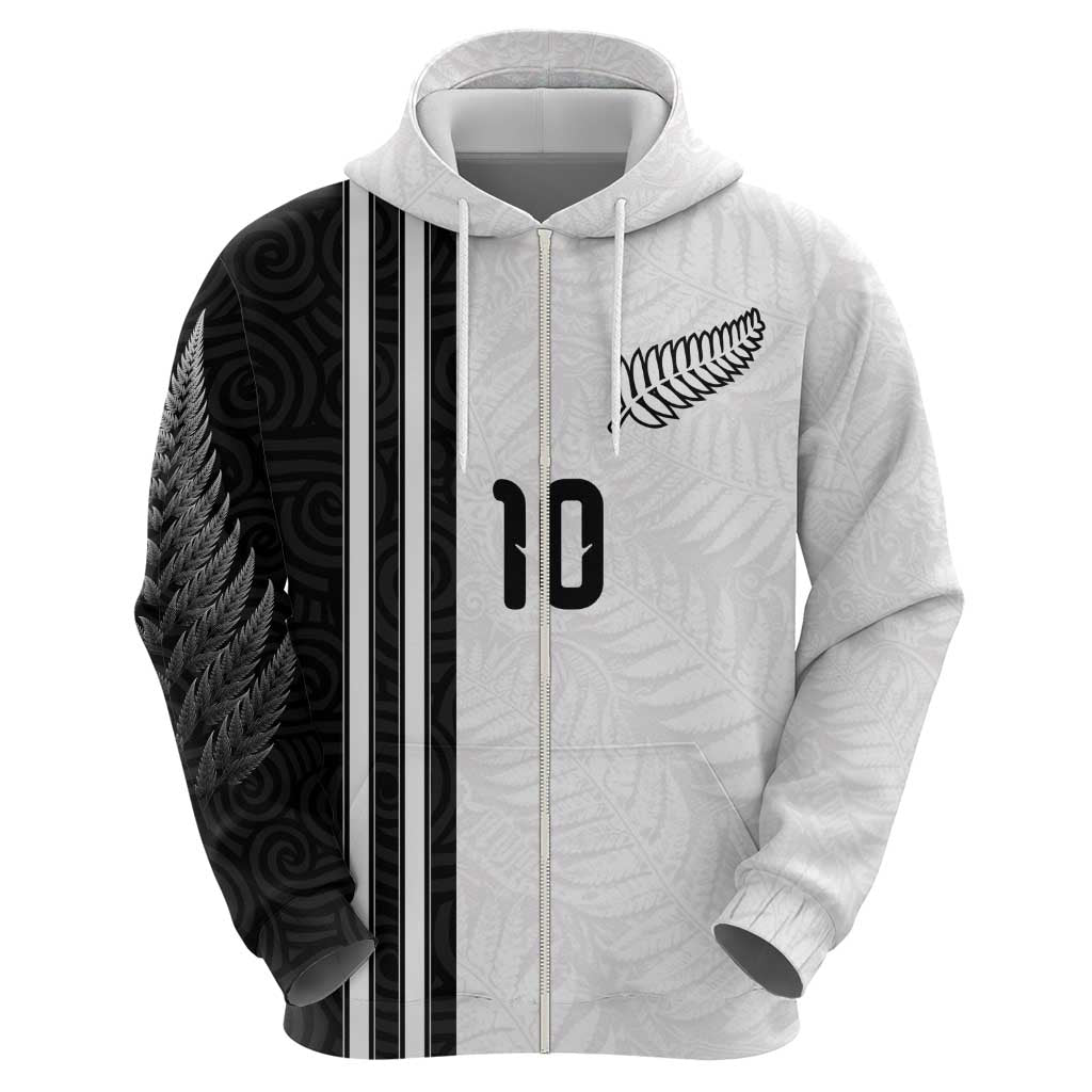 Custom New Zealand Football Zip Hoodie Silver Fern and Maori Tribal Black White Half Sporty Style