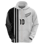 Custom New Zealand Football Zip Hoodie Silver Fern and Maori Tribal Black White Half Sporty Style