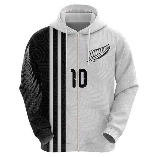 Custom New Zealand Football Zip Hoodie Silver Fern and Maori Tribal Black White Half Sporty Style