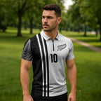 Custom New Zealand Football Zipper Polo Shirt Silver Fern and Maori Tribal Black White Half Sporty Style