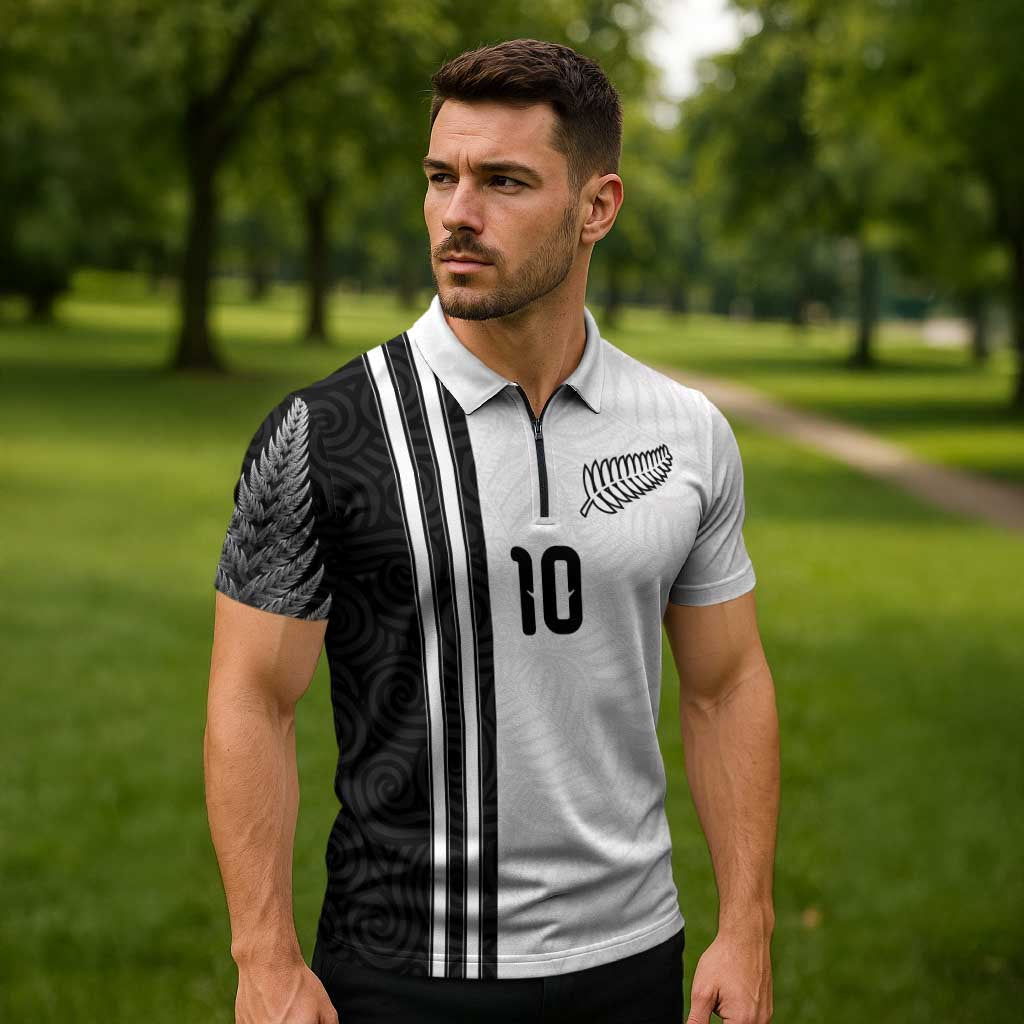 Custom New Zealand Football Zipper Polo Shirt Silver Fern and Maori Tribal Black White Half Sporty Style