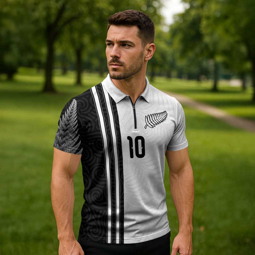 Custom New Zealand Football Zipper Polo Shirt Silver Fern and Maori Tribal Black White Half Sporty Style