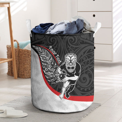 Personalised Aotearoa Lawn Bowls Laundry Basket Maori Warrior and Silver Fern Sporty Style