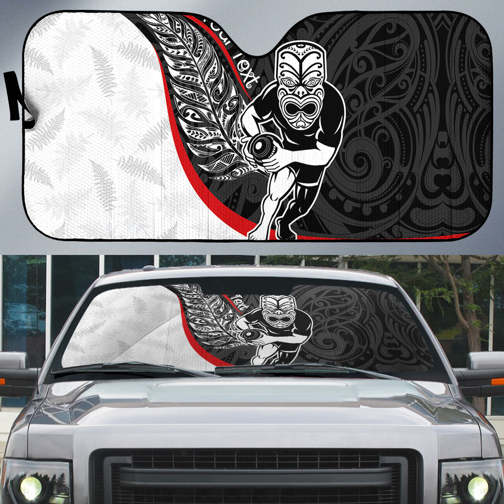 Personalised Aotearoa Lawn Bowls Auto Sun Shade Maori Warrior and Silver Fern Sporty Style