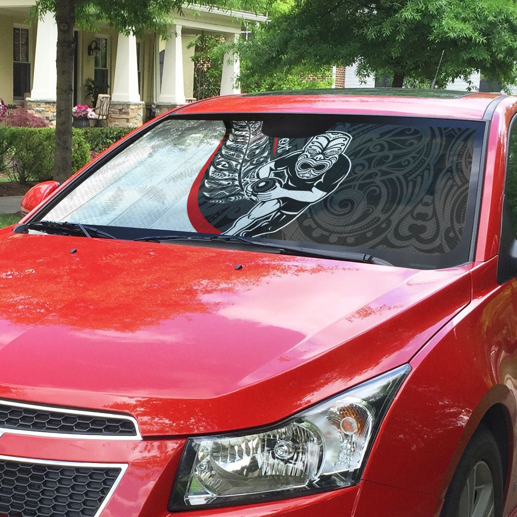 Personalised Aotearoa Lawn Bowls Auto Sun Shade Maori Warrior and Silver Fern Sporty Style