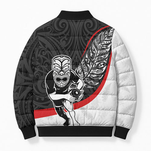 Personalised Aotearoa Lawn Bowls Bomber Puffer Jacket Maori Warrior and Silver Fern Sporty Style