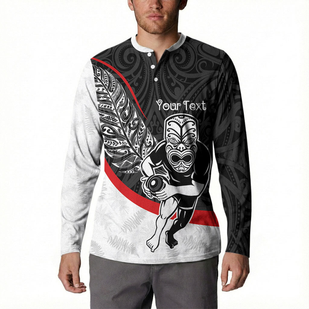 Personalised Aotearoa Lawn Bowls Button Sweatshirt Maori Warrior and Silver Fern Sporty Style