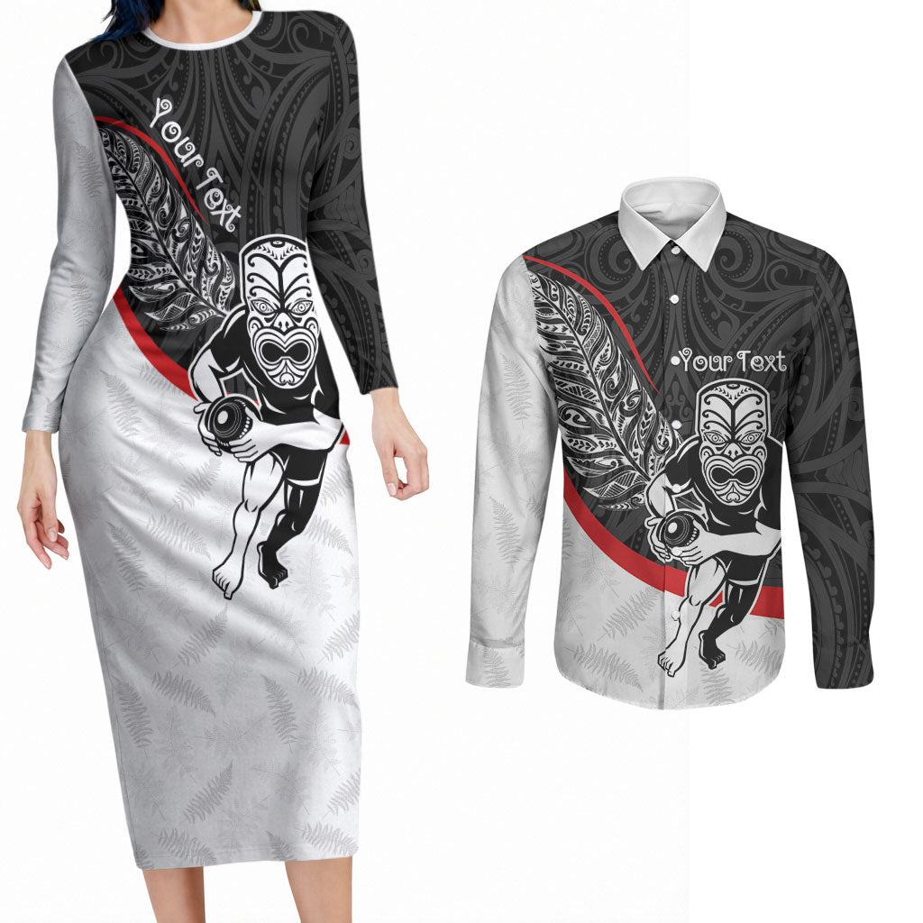 Personalised Aotearoa Lawn Bowls Couples Matching Long Sleeve Bodycon Dress and Long Sleeve Button Shirt Maori Warrior and Silver Fern Sporty Style