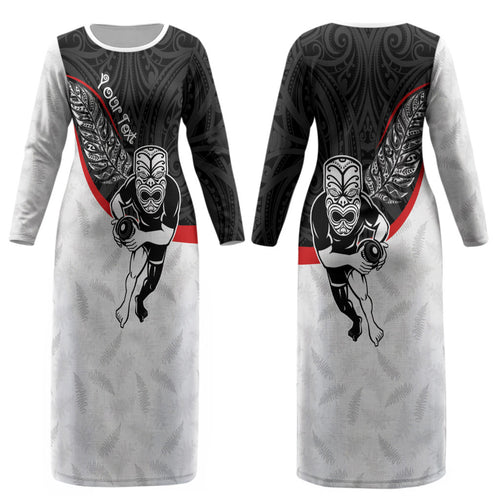 Personalised Aotearoa Lawn Bowls Couples Matching Long Sleeve Bodycon Dress and Long Sleeve Button Shirt Maori Warrior and Silver Fern Sporty Style