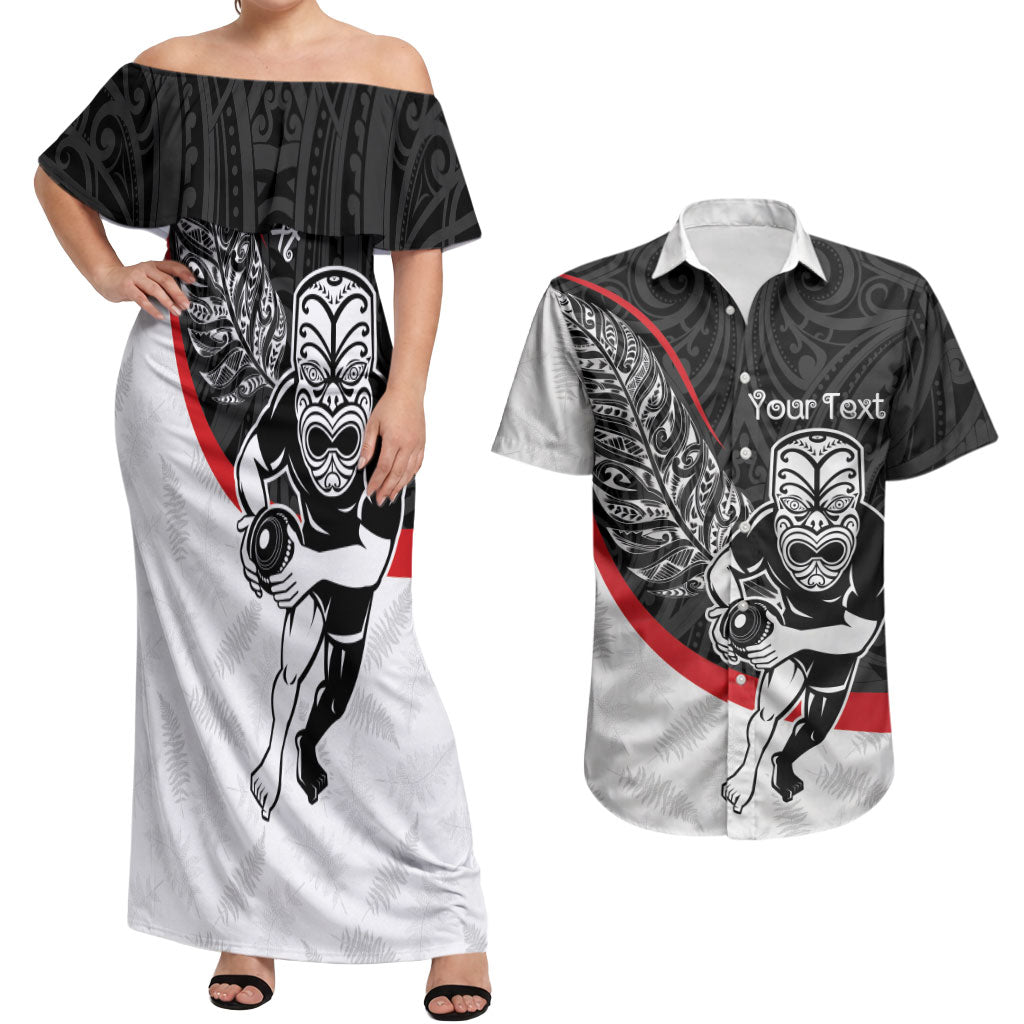 Personalised Aotearoa Lawn Bowls Couples Matching Off Shoulder Maxi Dress and Hawaiian Shirt Maori Warrior and Silver Fern Sporty Style