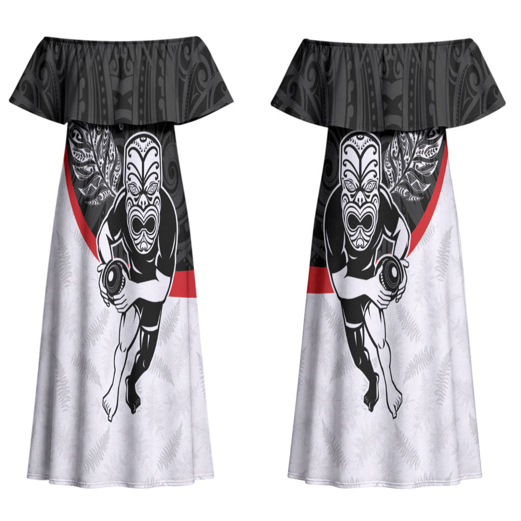 Personalised Aotearoa Lawn Bowls Couples Matching Off Shoulder Maxi Dress and Hawaiian Shirt Maori Warrior and Silver Fern Sporty Style