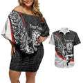 Personalised Aotearoa Lawn Bowls Couples Matching Off Shoulder Short Dress and Hawaiian Shirt Maori Warrior and Silver Fern Sporty Style
