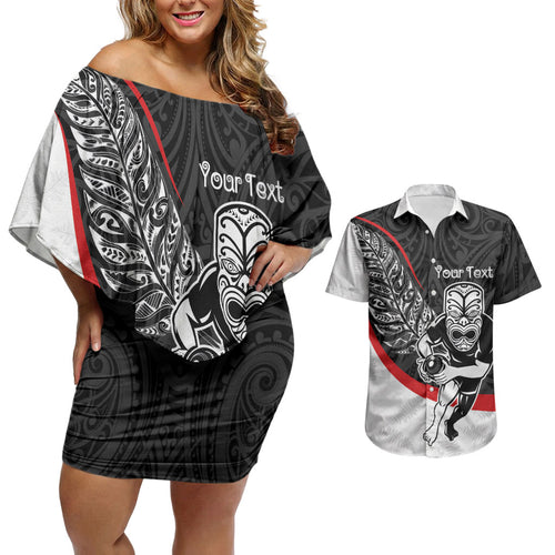 Personalised Aotearoa Lawn Bowls Couples Matching Off Shoulder Short Dress and Hawaiian Shirt Maori Warrior and Silver Fern Sporty Style