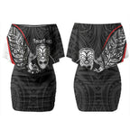 Personalised Aotearoa Lawn Bowls Couples Matching Off Shoulder Short Dress and Long Sleeve Button Shirt Maori Warrior and Silver Fern Sporty Style
