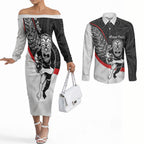 Personalised Aotearoa Lawn Bowls Couples Matching Off The Shoulder Long Sleeve Dress and Long Sleeve Button Shirt Maori Warrior and Silver Fern Sporty Style