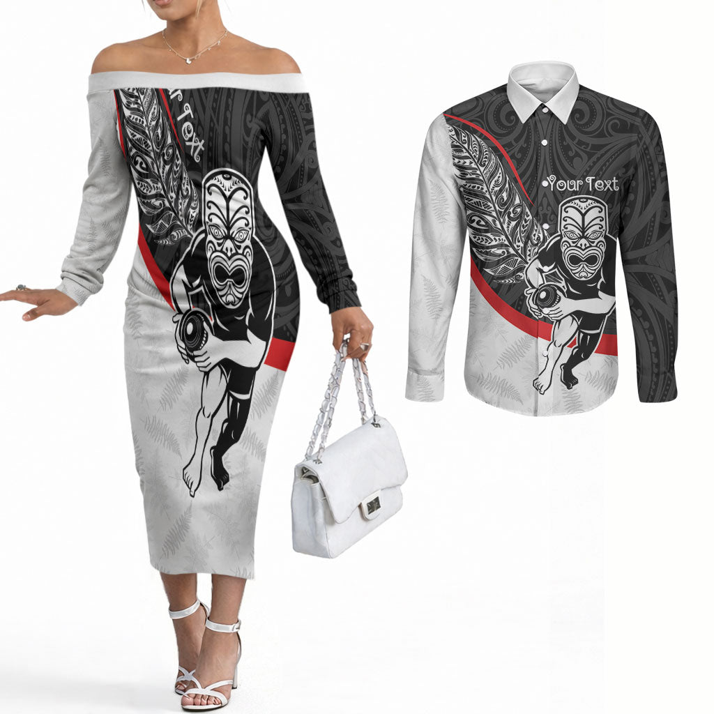 Personalised Aotearoa Lawn Bowls Couples Matching Off The Shoulder Long Sleeve Dress and Long Sleeve Button Shirt Maori Warrior and Silver Fern Sporty Style