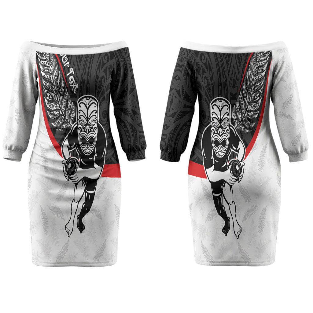 Personalised Aotearoa Lawn Bowls Couples Matching Off The Shoulder Long Sleeve Dress and Long Sleeve Button Shirt Maori Warrior and Silver Fern Sporty Style