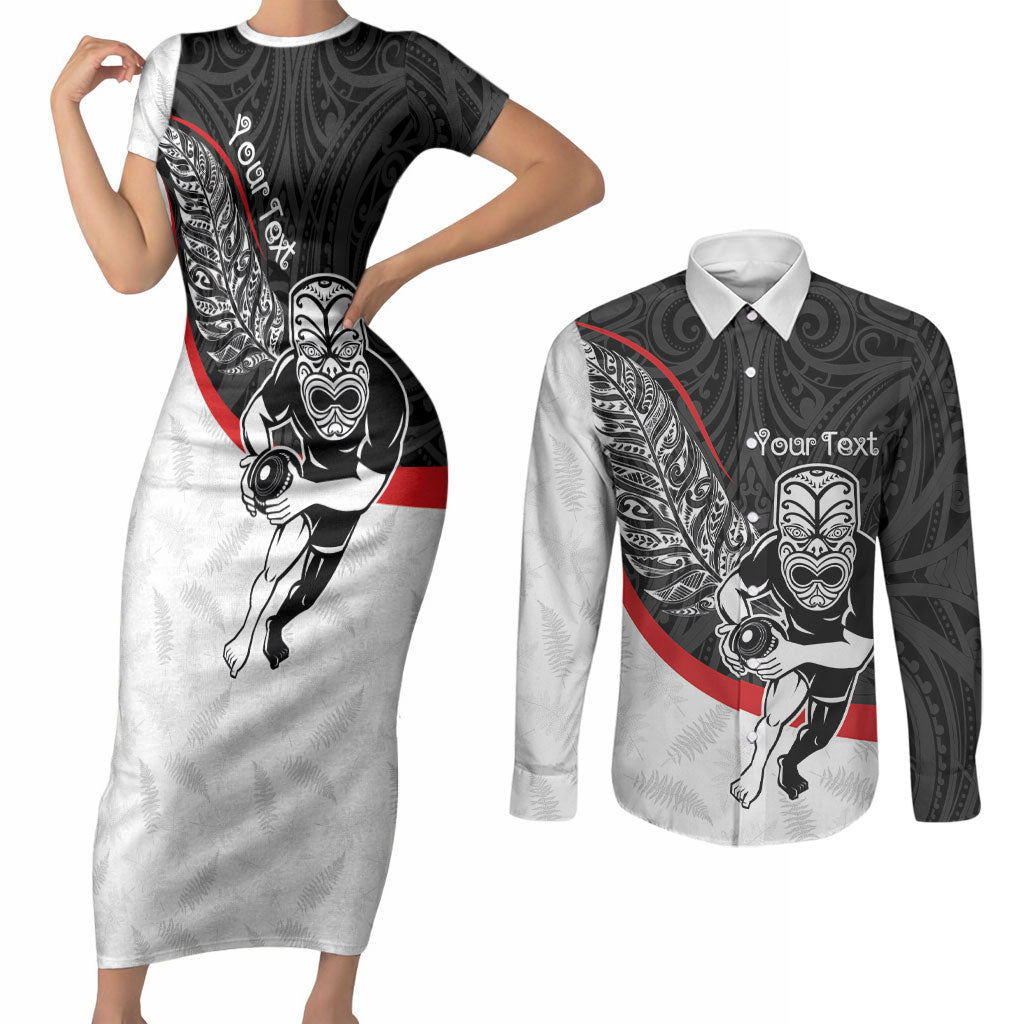 Personalised Aotearoa Lawn Bowls Couples Matching Short Sleeve Bodycon Dress and Long Sleeve Button Shirt Maori Warrior and Silver Fern Sporty Style
