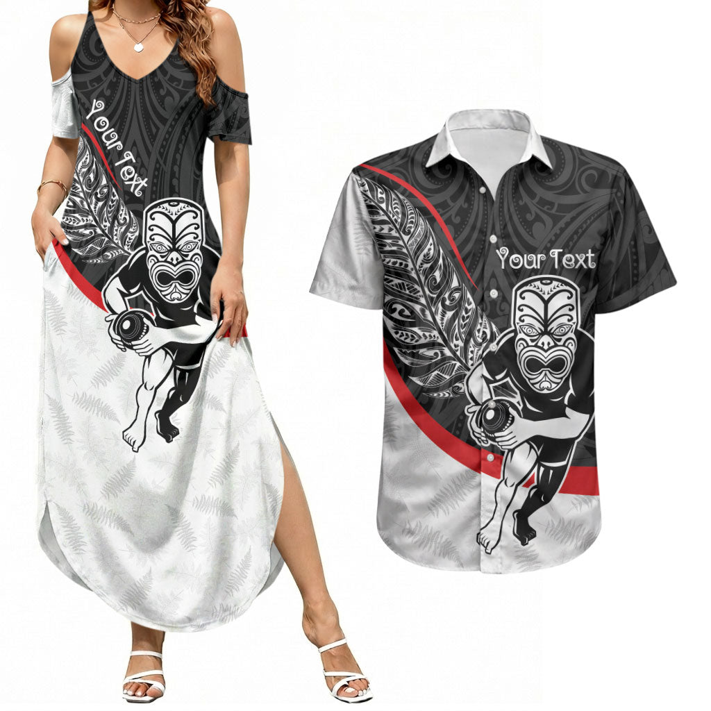 Personalised Aotearoa Lawn Bowls Couples Matching Summer Maxi Dress and Hawaiian Shirt Maori Warrior and Silver Fern Sporty Style