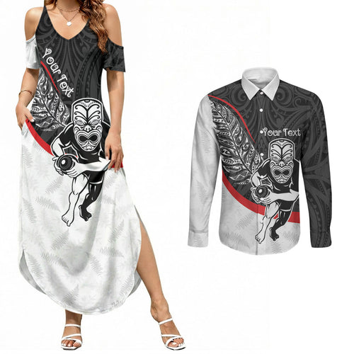 Personalised Aotearoa Lawn Bowls Couples Matching Summer Maxi Dress and Long Sleeve Button Shirt Maori Warrior and Silver Fern Sporty Style