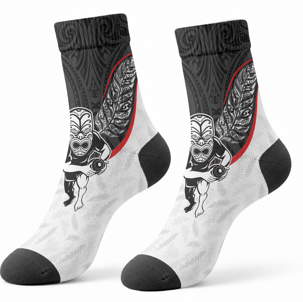 Aotearoa Lawn Bowls Crew Socks Maori Warrior and Silver Fern Sporty Style