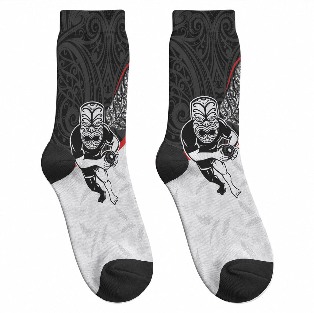 Aotearoa Lawn Bowls Crew Socks Maori Warrior and Silver Fern Sporty Style