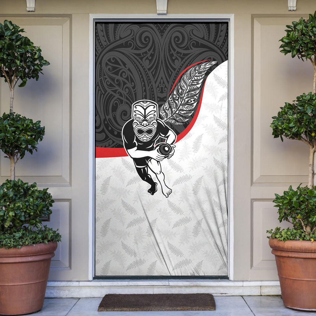 Aotearoa Lawn Bowls Door Cover Maori Warrior and Silver Fern Sporty Style