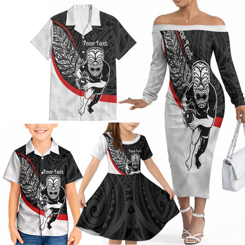 Personalised Aotearoa Lawn Bowls Family Matching Off The Shoulder Long Sleeve Dress and Hawaiian Shirt Maori Warrior and Silver Fern Sporty Style
