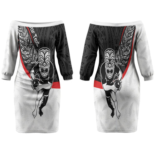 Personalised Aotearoa Lawn Bowls Family Matching Off The Shoulder Long Sleeve Dress and Hawaiian Shirt Maori Warrior and Silver Fern Sporty Style