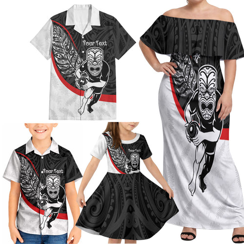 Personalised Aotearoa Lawn Bowls Family Matching Off Shoulder Maxi Dress and Hawaiian Shirt Maori Warrior and Silver Fern Sporty Style