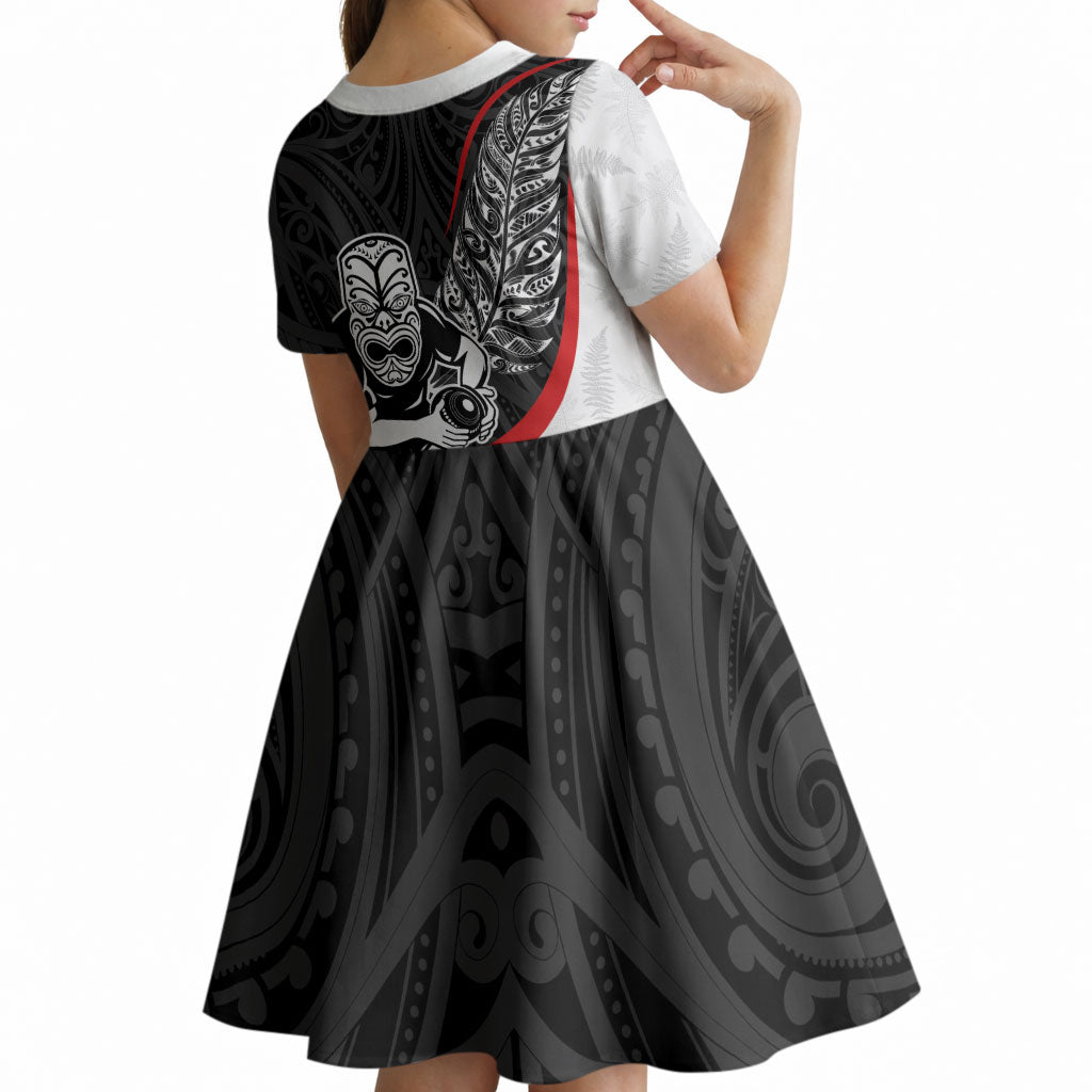 Personalised Aotearoa Lawn Bowls Kid Short Sleeve Dress Maori Warrior and Silver Fern Sporty Style
