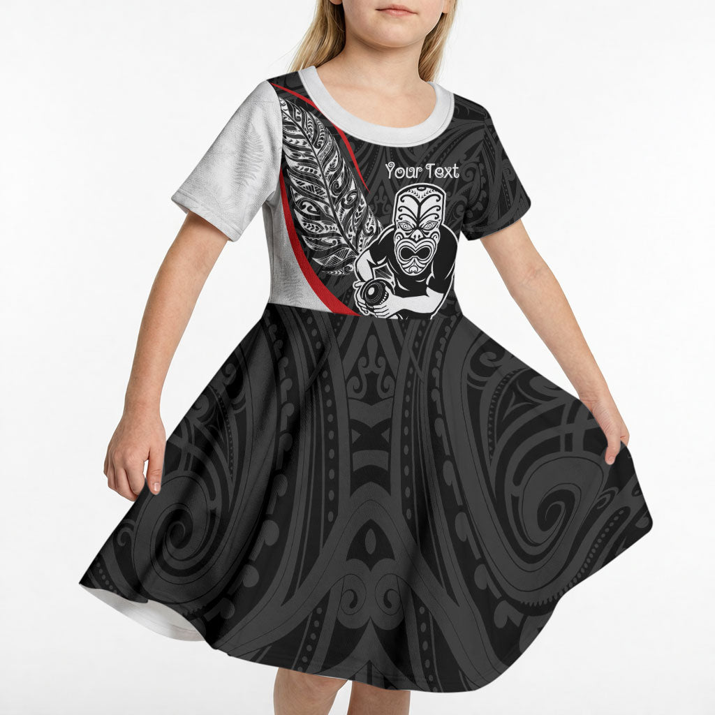 Personalised Aotearoa Lawn Bowls Kid Short Sleeve Dress Maori Warrior and Silver Fern Sporty Style