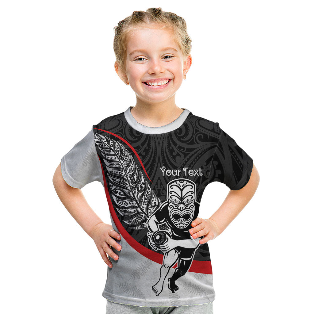 Personalised Aotearoa Lawn Bowls Kid T Shirt Maori Warrior and Silver Fern Sporty Style