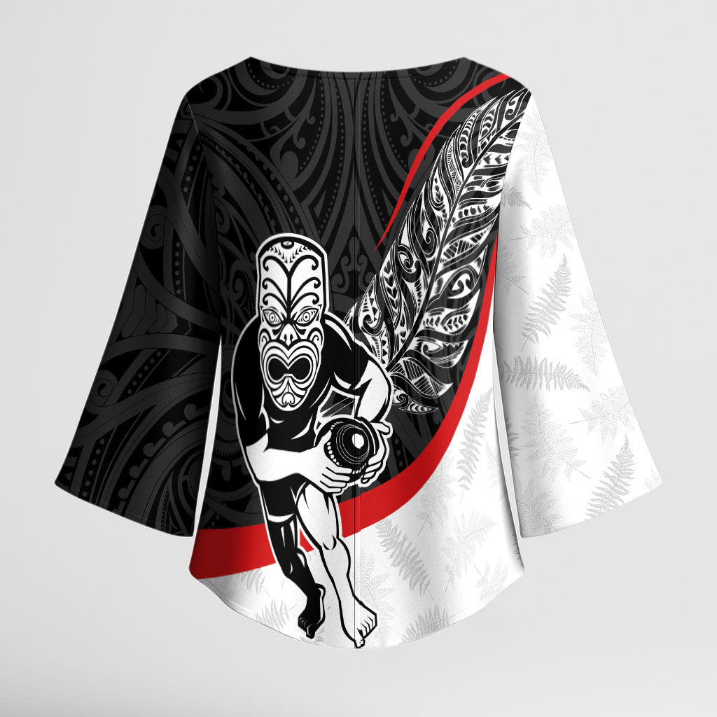 Personalised Aotearoa Lawn Bowls Kimono Sleeve Blouse Maori Warrior and Silver Fern Sporty Style