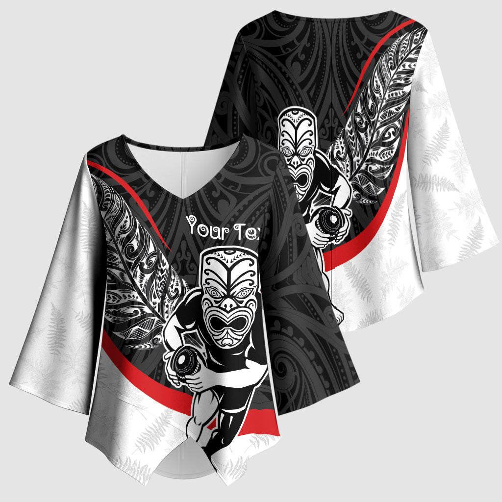 Personalised Aotearoa Lawn Bowls Kimono Sleeve Blouse Maori Warrior and Silver Fern Sporty Style