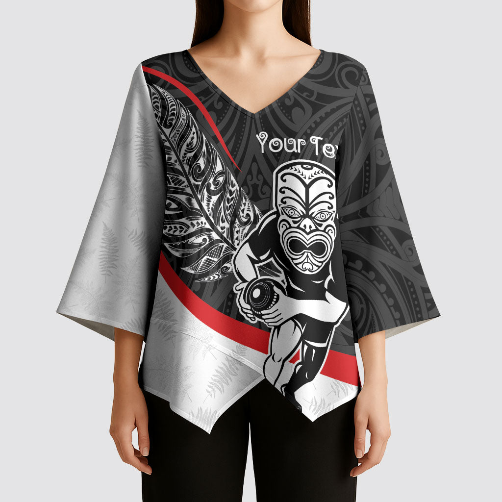 Personalised Aotearoa Lawn Bowls Kimono Sleeve Blouse Maori Warrior and Silver Fern Sporty Style